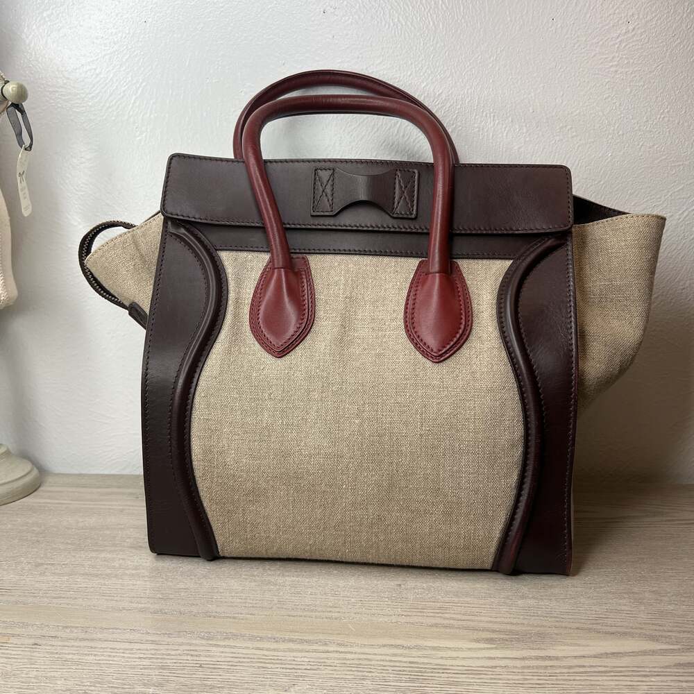 Authentic CELINE Oatmeal Brown burgundy canvas & leather MINI LUGGAGE Tote Bag - Picture 6 of 10